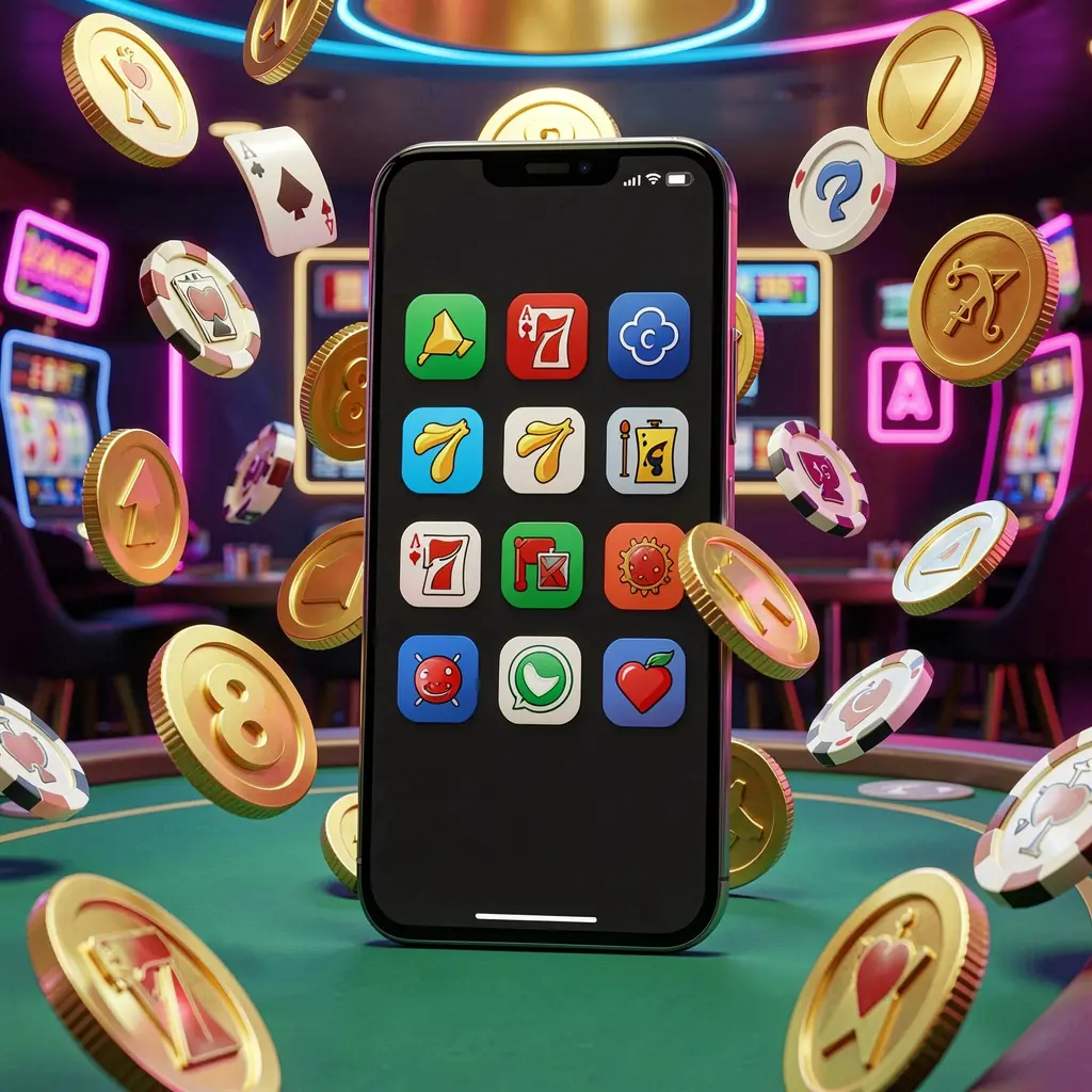 Render 3D realistis ponsel modern yang menampilkan aplikasi kasino Android AYO999 dengan ikon aplikasi, dikelilingi koin emas dan simbol mesin slot dalam suasana kasino neon