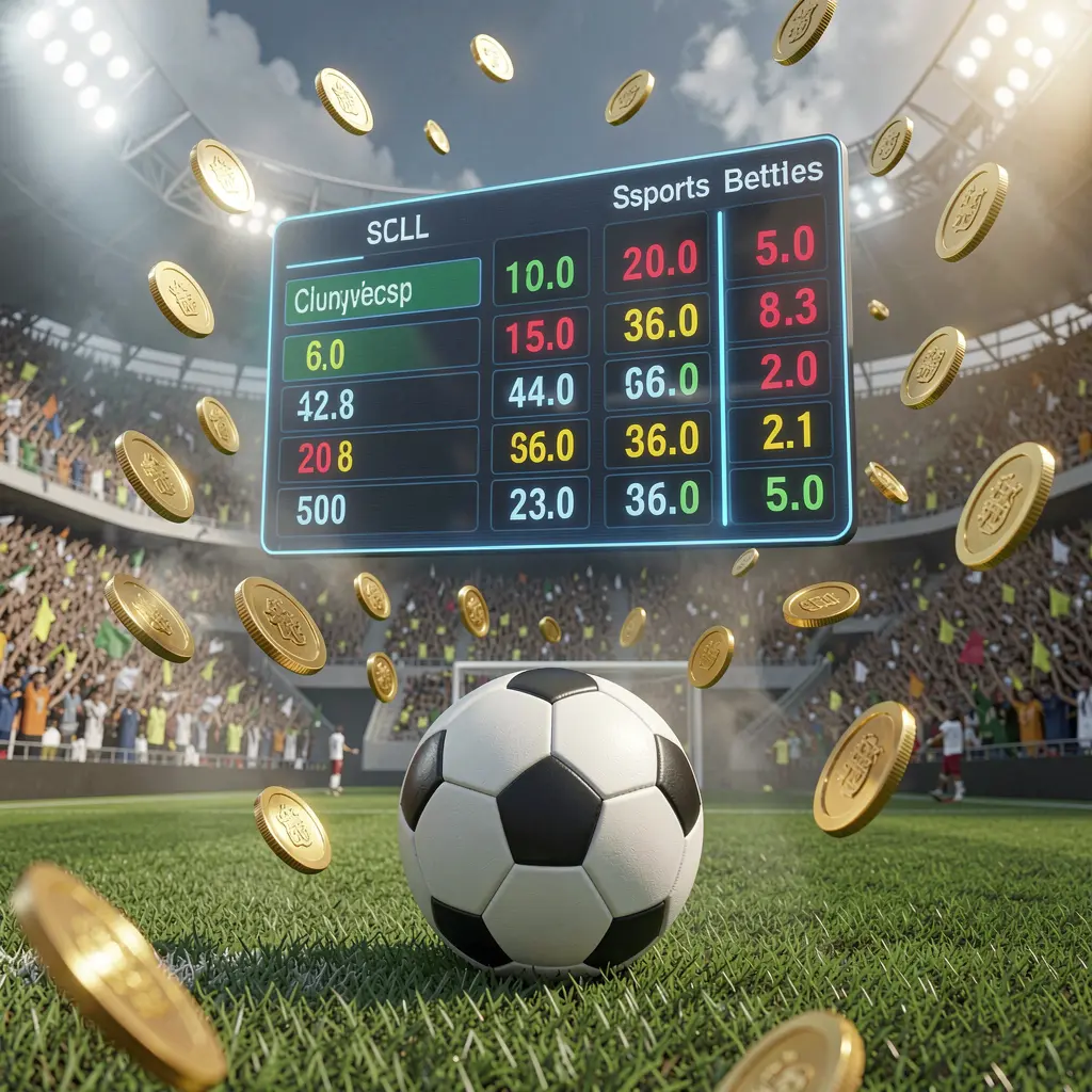 Ilustrasi 3D realistis suasana pertandingan sepak bola di stadion penuh penonton dengan bola sepak di latar depan, antarmuka peluang digital mengambang, dan koin emas beterbangan, menampilkan pengalaman taruhan olahraga AYO999