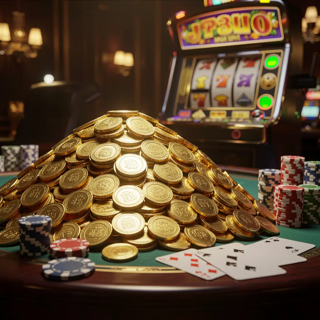 Adegan bonus jackpot kasino online AYO999 dengan tumpukan besar koin emas, mesin slot di latar belakang, lampu jackpot bercahaya, cip poker dan kartu remi di atas meja mewah di bawah pencahayaan sinematik dramatis