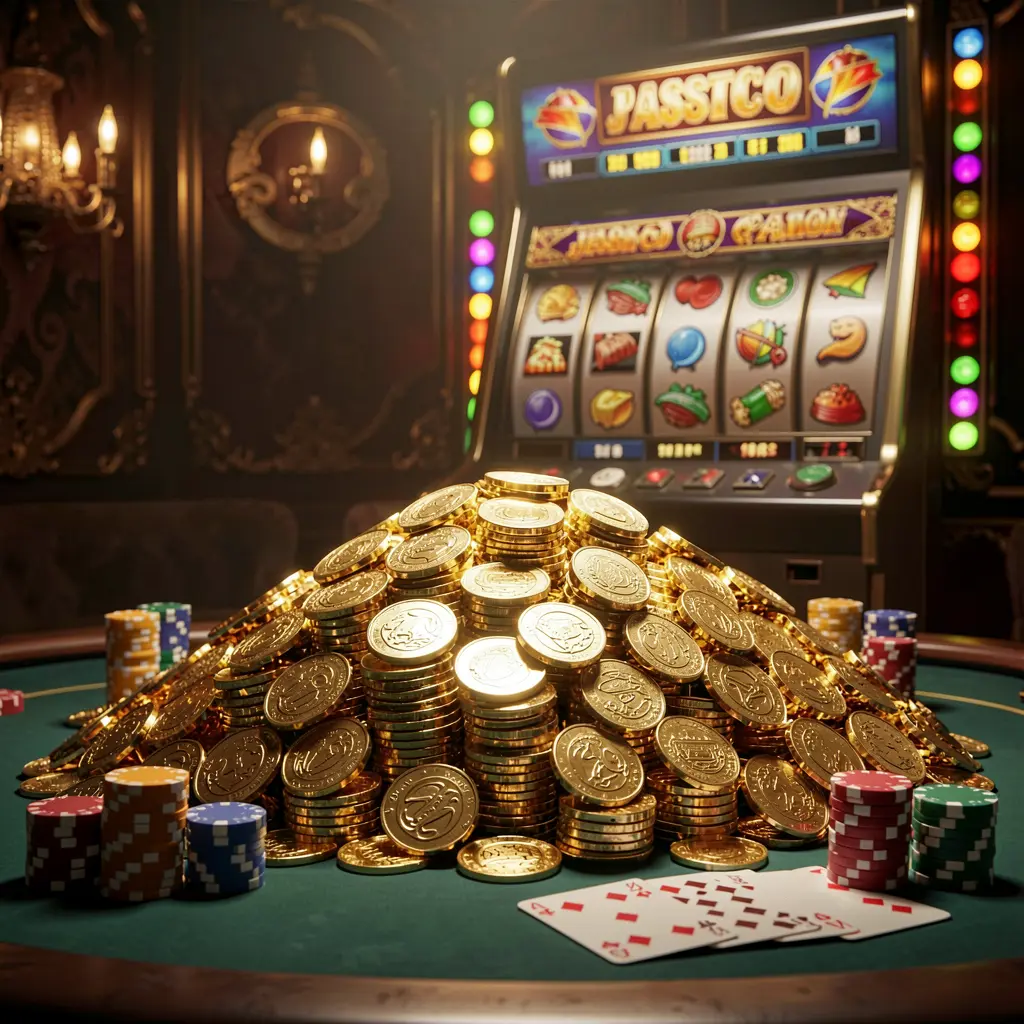 Adegan bonus jackpot kasino online AYO999 dengan tumpukan besar koin emas, mesin slot di latar belakang, lampu jackpot bercahaya, cip poker dan kartu remi di atas meja mewah di bawah pencahayaan sinematik dramatis