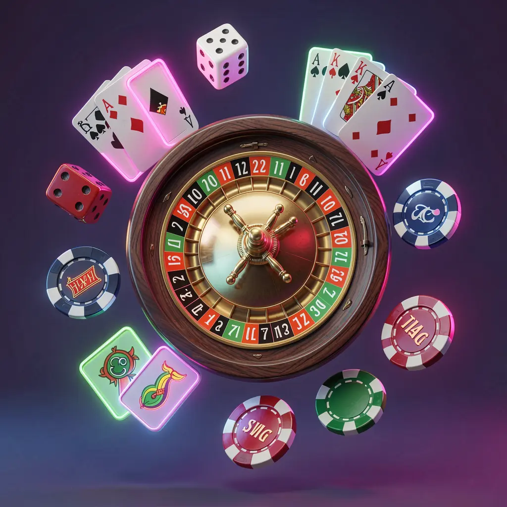 Render 3D premium koleksi permainan kasino online AYO999 yang menampilkan roda rolet bercahaya neon, kartu blackjack, dadu, simbol mesin slot, dan cip poker yang melayang bersama