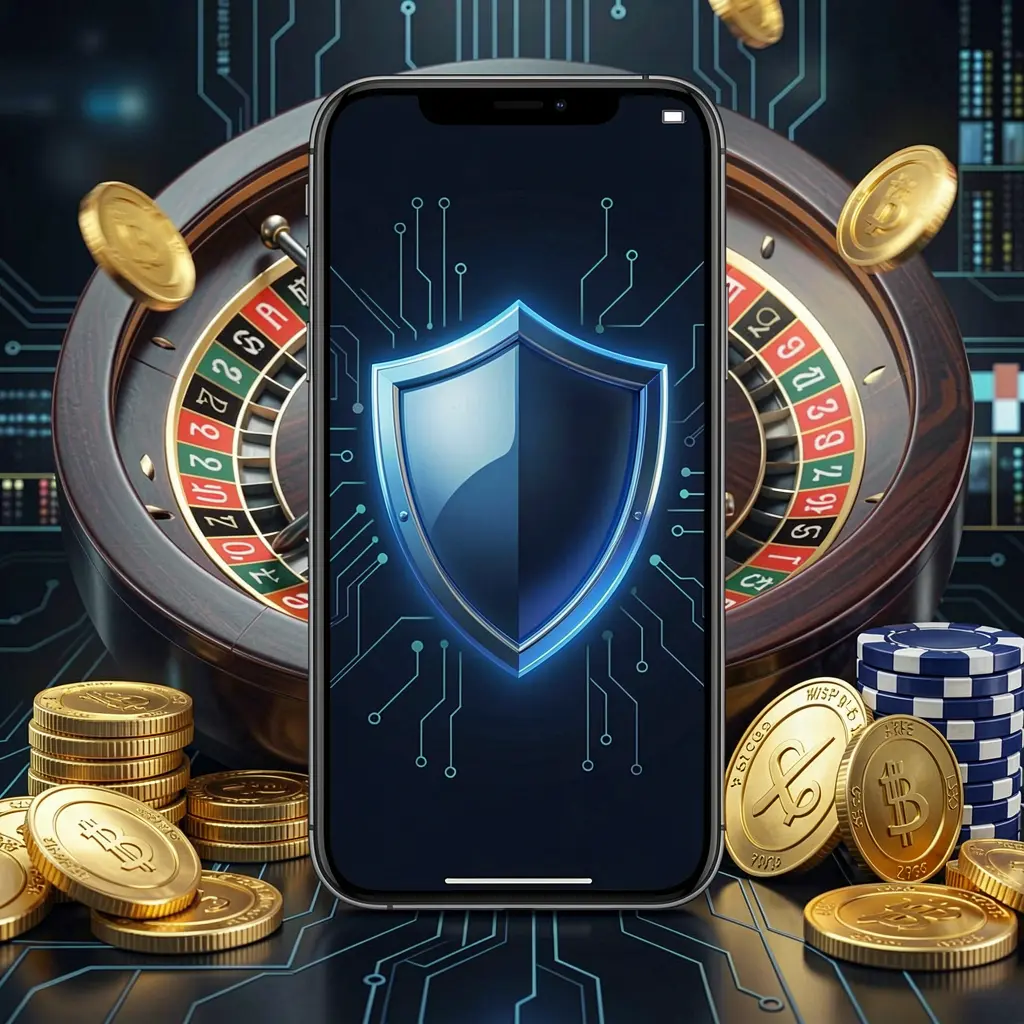 Layar masuk kasino seluler aman AYO999 yang menampilkan ponsel dengan ikon perisai, roda rolet dan cip poker di latar belakang, koin emas, dalam suasana kemewahan siber yang gelap