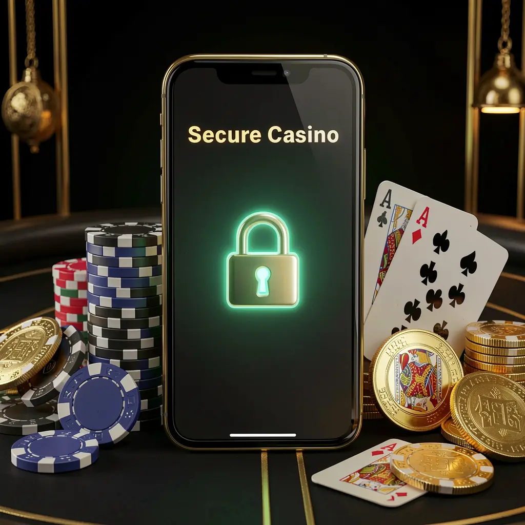 Konsep masuk akun kasino aman dengan ikon kunci bercahaya pada layar ponsel pintar yang dikelilingi cip poker, kartu remi, dan koin emas pada latar belakang hitam dan emas elegan yang menampilkan merek AYO999