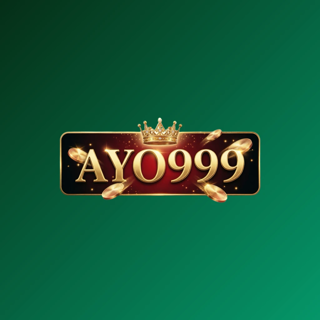 Logo bergaya kasino untuk AYO999 dengan huruf emas, mahkota, dan koin berkilau, menciptakan suasana permainan mewah dalam tanda kata persegi panjang horizontal lebar dengan latar belakang transparan